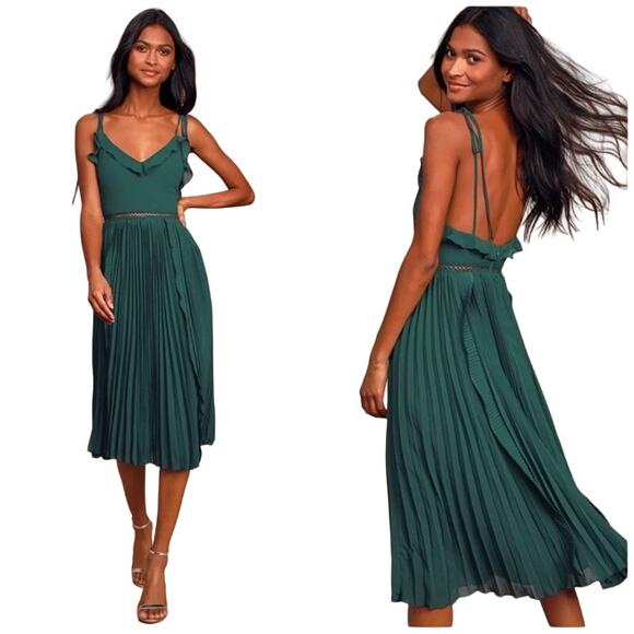 Lulu's Never a Dull Moment Dress Emerald Green Tie-Strap Pleated Midi V-Neck S - Picture 1 of 5